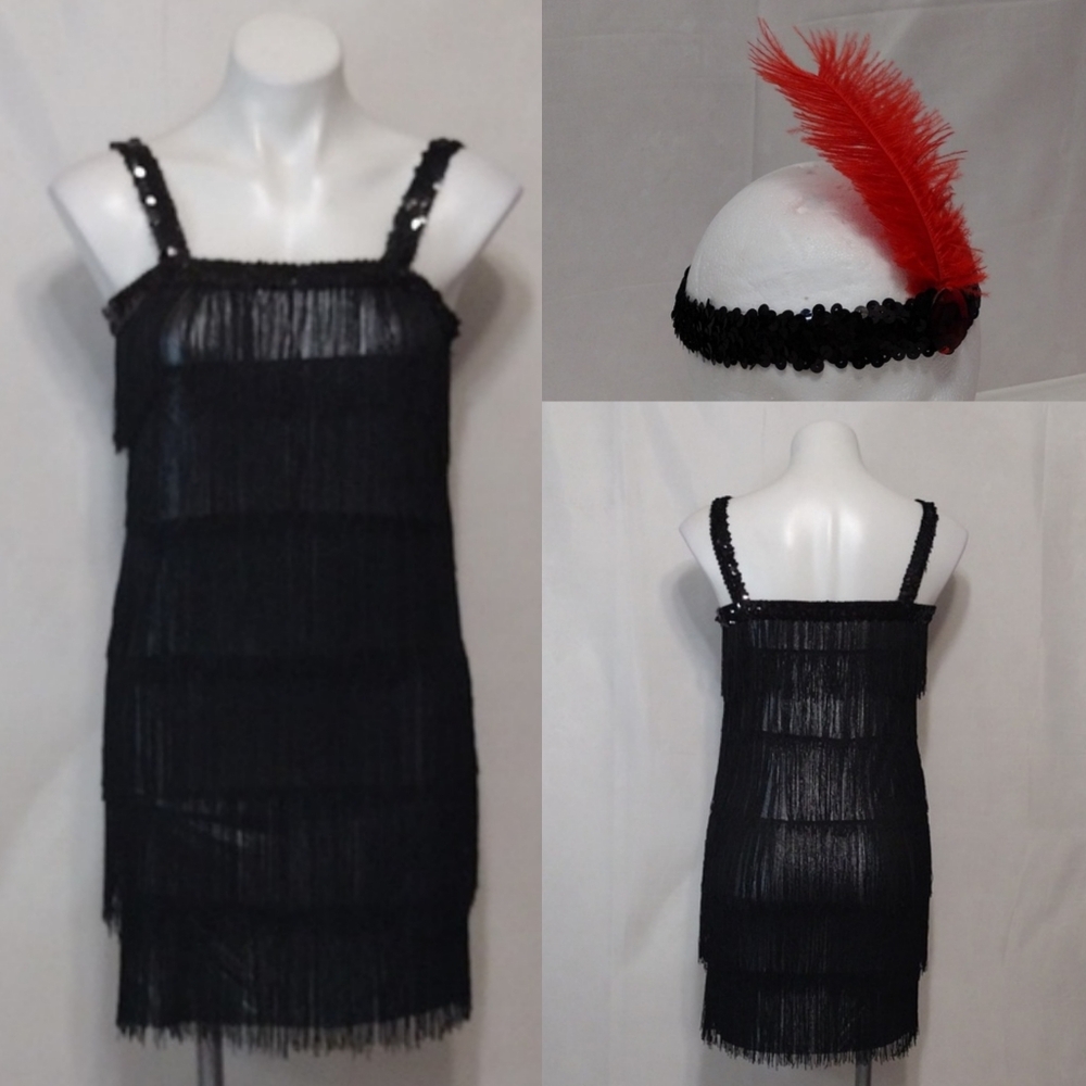 New Women's Black Flapper Dress Set Small Tiered Fringe Tassels Mini Party Dress
